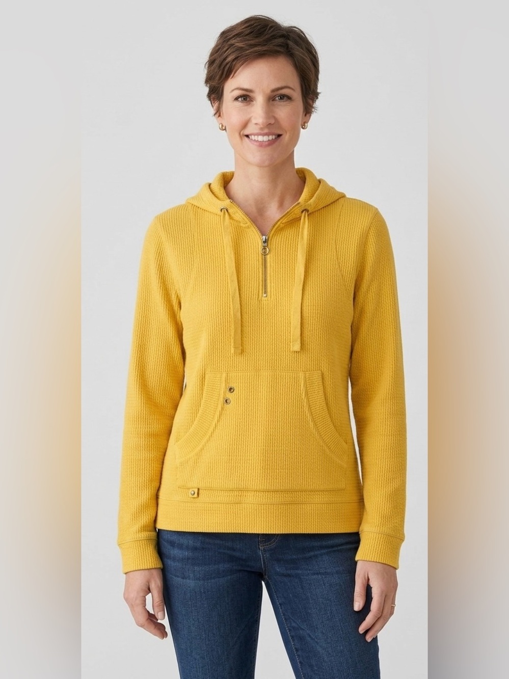 Coldwater Creek Yellow Waffle Weave 1/4 Zip Pullover Hoodie with Pocket Grommets